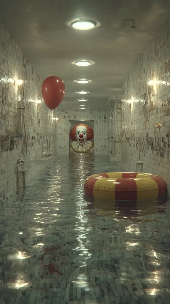 A flooded indoor hallway with tiled walls features a sinister clown figure at the far end.  A red balloon floats above the water, adding to the eerie atmosphere. A yellow and red inflatable ring lies partially submerged in the murky water. The scene is dimly lit, creating a sense of unease and suspense.