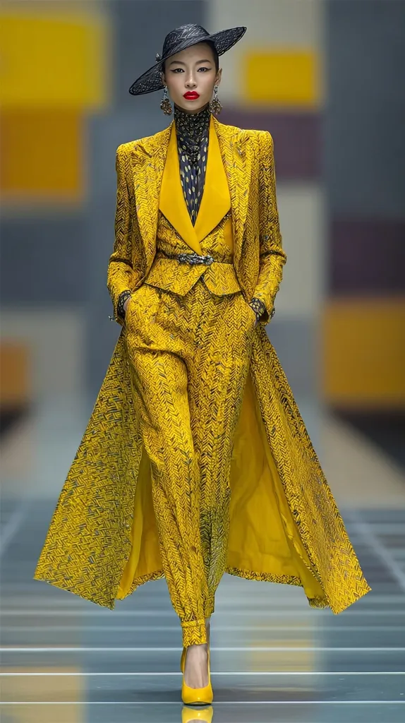 A model struts down a runway in a striking yellow pantsuit. The ensemble features a long, textured coat over matching chevron-patterned pants and a collared top.  A wide-brimmed black hat and yellow heels complete the monochromatic look.  The model's red lipstick provides a vibrant contrast against the bright yellow. The background is blurred, focusing attention on the bold outfit.