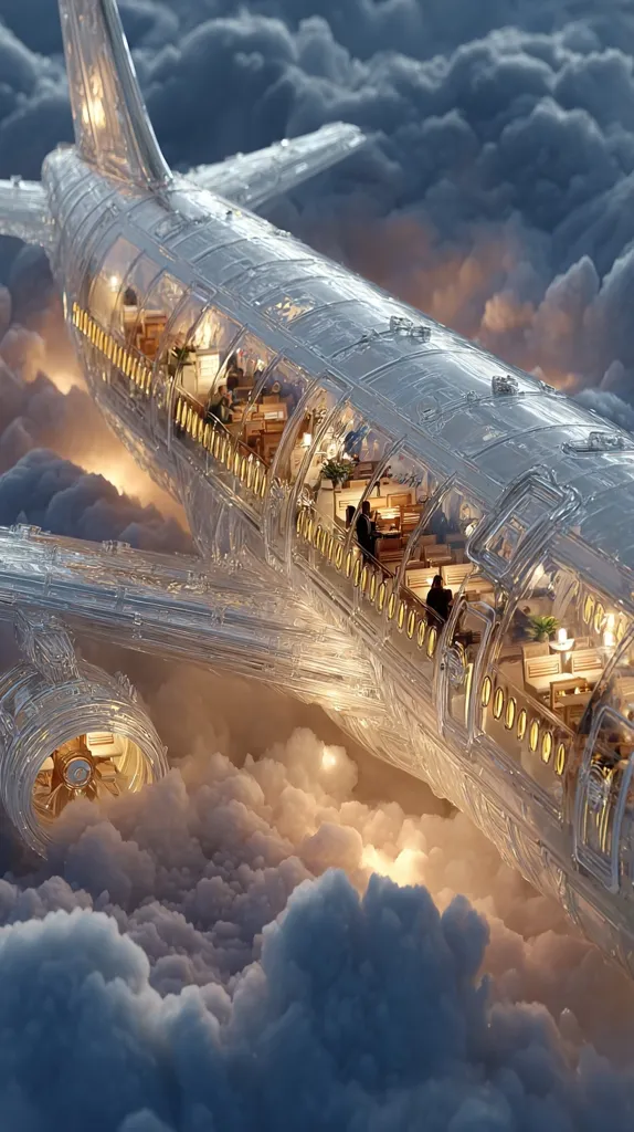 A transparent airplane soars through a fluffy sea of clouds.  Illuminated from within, the plane's interior is visible, showcasing passengers seated in the cabin.  The ethereal scene evokes a sense of wonder and tranquility, suggesting a journey above the world. The image's surreal quality creates a dreamlike atmosphere.