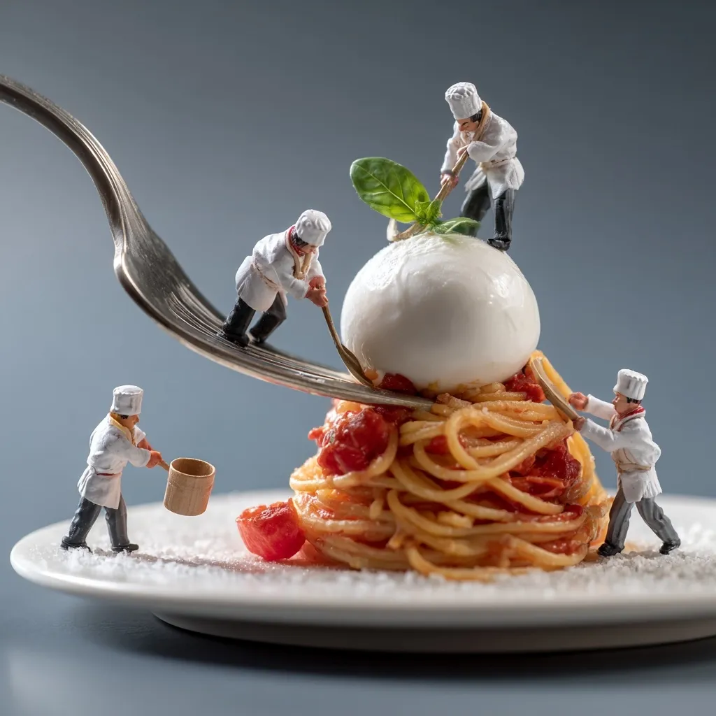 Miniature chefs playfully construct a culinary masterpiece.  They meticulously place a large mozzarella ball atop a mound of spaghetti with tomato sauce on a fork.  Another chef adds a finishing touch, while another appears to be preparing an ingredient. The scene is set on a pristine white plate, creating a whimsical and artistic food photograph.