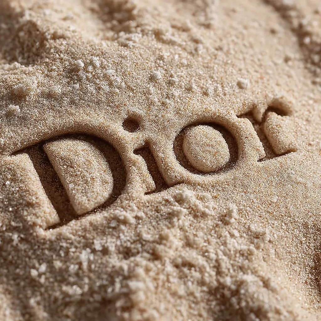 The word "Dior" is imprinted into a textured, light brown surface, possibly sand or a similar granular material.  The letters are deeply pressed, creating a three-dimensional effect. Small, lighter-colored particles are scattered throughout the surface, adding to its texture and creating a slightly grainy appearance. The overall image is close-up, emphasizing the detail and texture.