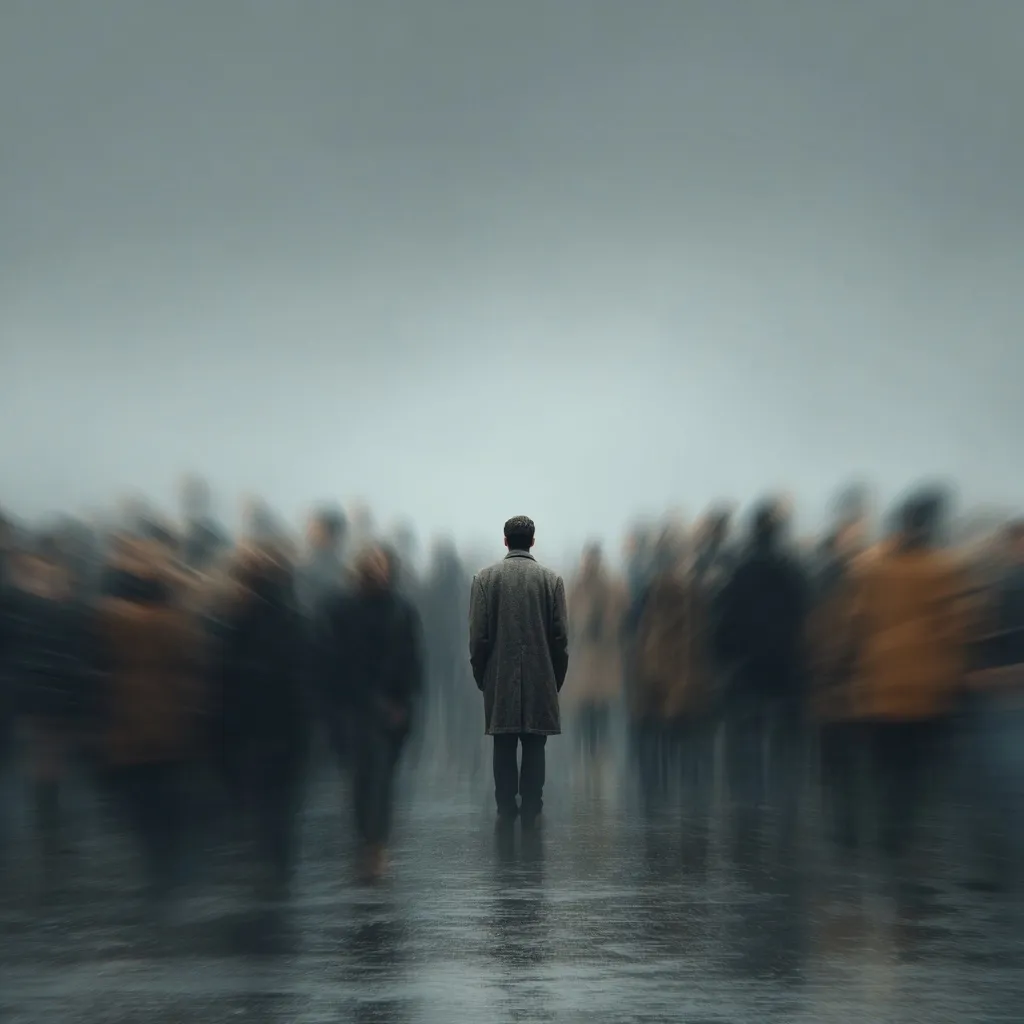 A lone man, dressed in a coat, stands in the center of a blurry crowd.  The background is a muted gray, suggestive of fog or mist. The man is sharply in focus, while the surrounding people are motion-blurred, creating a sense of isolation and detachment. The overall mood is somber and contemplative.  The image evokes feelings of loneliness and being an outsider.