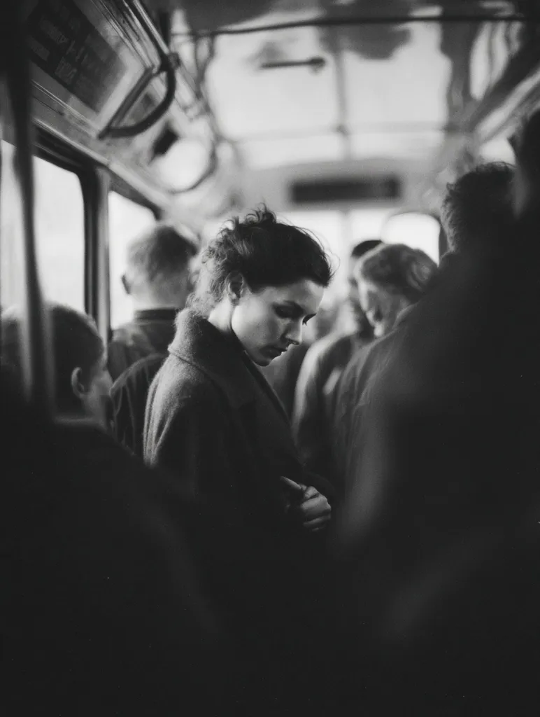 A black and white photograph captures a young woman standing on a crowded bus, her gaze cast downward.  She's enveloped by other passengers, their forms blurred, suggesting a bustling, anonymous urban scene.  Her coat is dark, contrasting with the muted light of the interior. The overall mood is contemplative and somewhat melancholic.  The image focuses on the woman's isolation amidst the crowd.