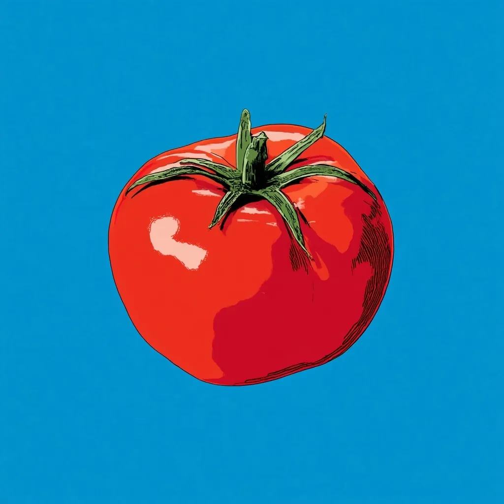 A vibrant red tomato is depicted against a solid blue background.  The tomato is drawn in a stylized, almost comic-book fashion, with bold outlines and shading. Its green stem and leaves are clearly defined. The image is simple yet eye-catching, emphasizing the tomato's rich color and form.
