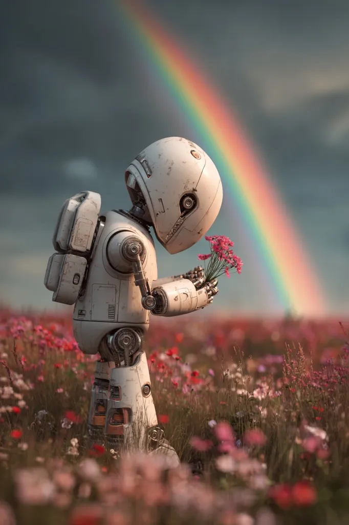 A weathered, white robot stands in a field of wildflowers, gently holding a bouquet of pink blooms.  A vibrant rainbow arches in the background under a partly cloudy sky. The scene evokes a sense of tranquility and perhaps a touch of melancholy, highlighting a contrast between the mechanical and the natural world. The robot's posture suggests a quiet appreciation for the beauty of nature.