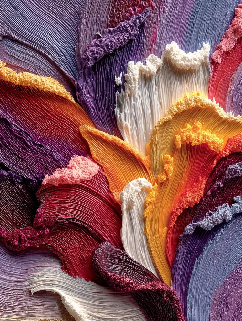 A close-up shot reveals a vibrant abstract painting, showcasing thick, textured brushstrokes in a swirling array of colors.  Deep purples and reds dominate, contrasted by creamy whites and bright oranges and yellows.  The impasto technique creates a three-dimensional effect, making the paint appear almost sculptural in its texture. The overall composition evokes a sense of movement and energy.