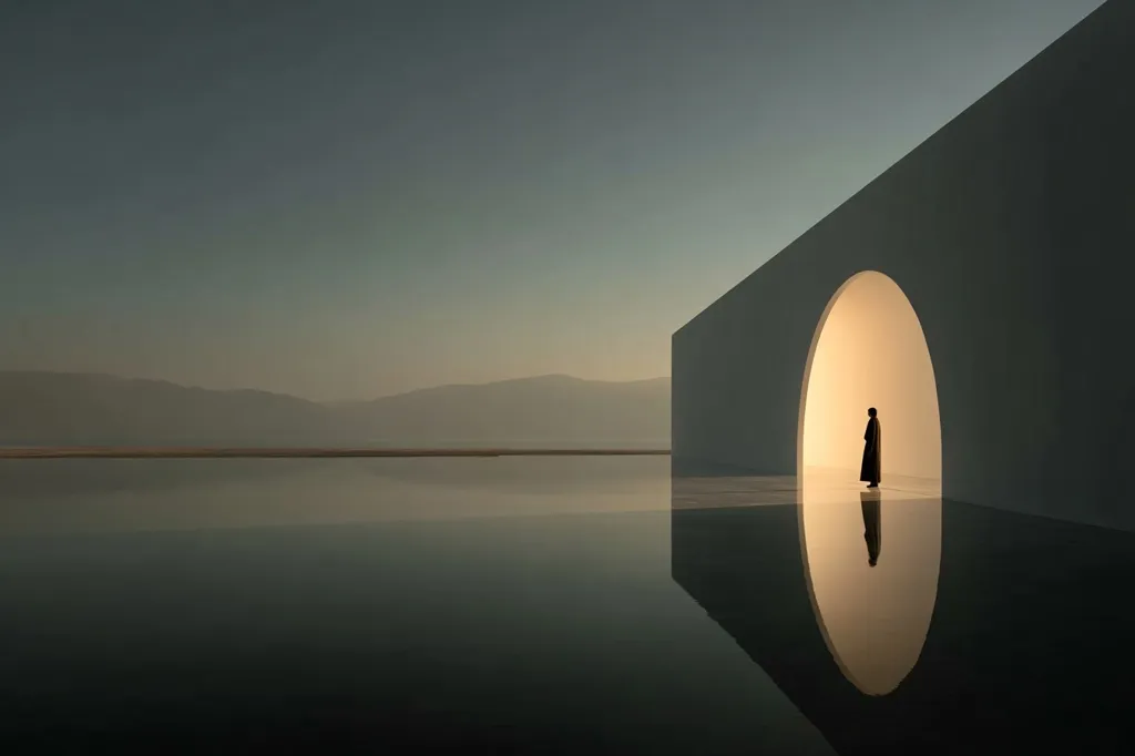 A solitary figure stands silhouetted within a minimalist architectural structure featuring a large arched opening. The structure is situated by a calm body of water, reflecting the serene sky and distant mountains. The scene evokes a sense of peace and contemplation, with the stark lines of the architecture contrasting against the soft, muted tones of the natural landscape.  The overall effect is one of quietude and profound simplicity.