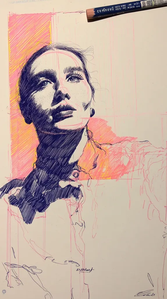 A stylized pen and ink drawing of a woman's face and shoulders, rendered in deep blue ink against a background of pink and yellow shading.  The style is expressive, with visible linework and sketching indicating the artist's process.  The woman's gaze is directed upward, creating a sense of contemplation or aspiration.  The image features a colored pencil resting on the top.
