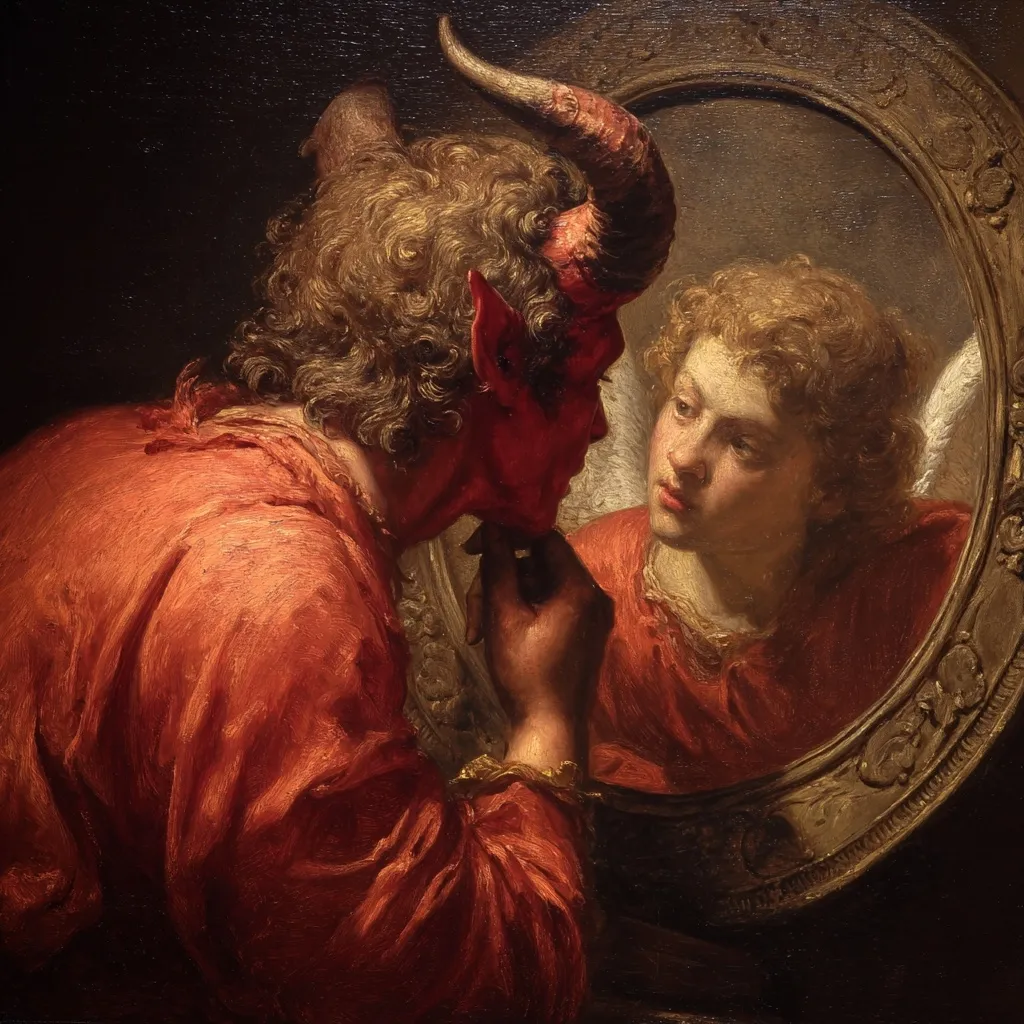 The painting depicts a devil, adorned in red robes and possessing horns, gazing intently into an ornate oval mirror.  Reflected in the mirror is an angel, serene and seemingly unaware of the demonic observer.  The contrast between the devil's sinister features and the angel's innocence creates a powerful visual narrative, suggesting a struggle between good and evil. The rich, dark tones of the painting heighten the dramatic tension.