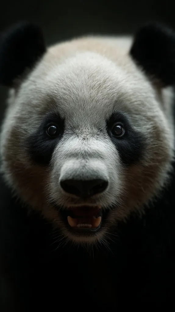 A close-up shot of a giant panda's face.  Its black and white fur is clearly visible, along with its dark eyes and open mouth, revealing its teeth. The panda appears friendly and curious. The background is dark, focusing all attention on the animal's expressive features.  The image is sharply focused, highlighting the panda's soft fur and intricate details.