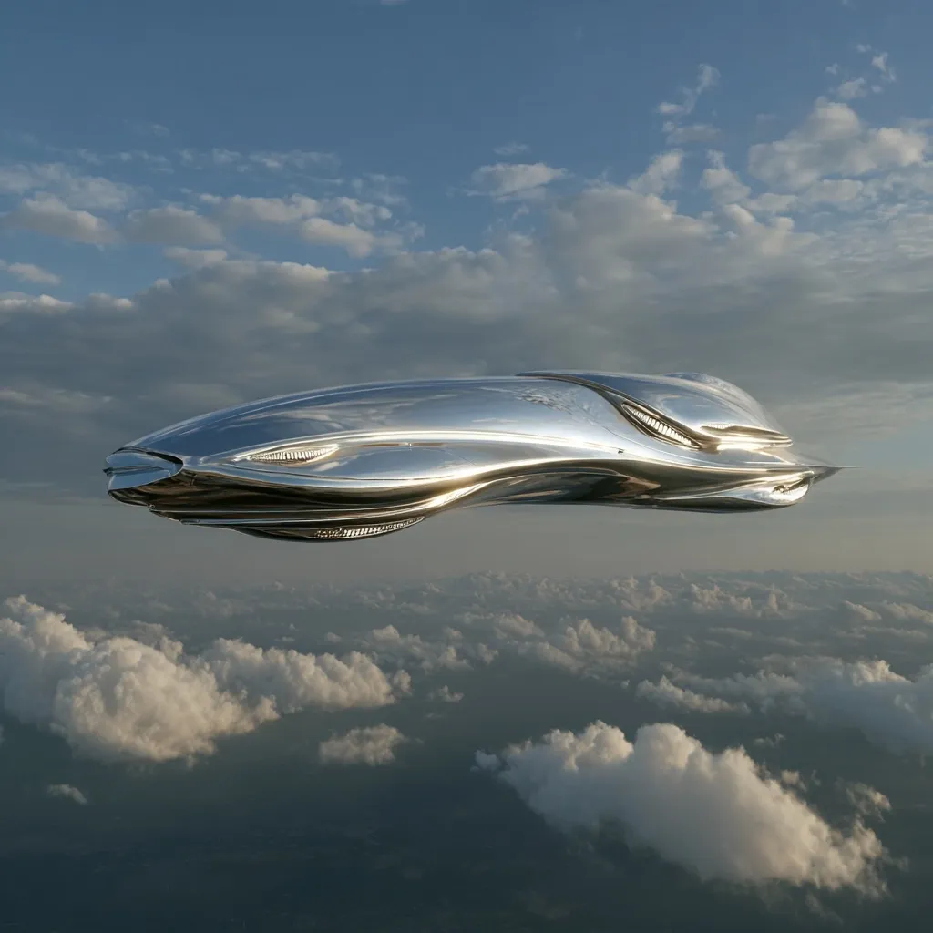 A sleek, silver futuristic craft floats serenely above a vast expanse of fluffy white clouds under a bright blue sky. Its smooth, organic design suggests advanced technology and elegance. The craft's reflective surface mirrors the sky and clouds, creating a mesmerizing visual effect. The scene evokes a sense of wonder and possibility, hinting at interstellar travel or exploration.