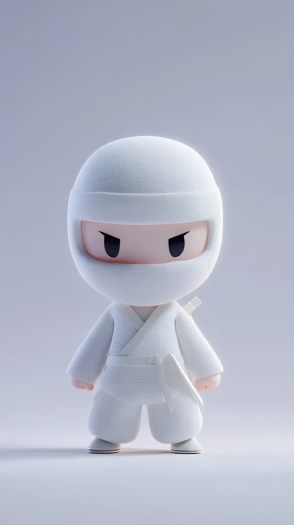 A cute, stylized 3D rendering of a tiny white ninja stands against a light gray background.  The ninja is dressed in a complete white outfit, including a hood that covers its face except for its small, dark eyes, which are narrowed in a fierce expression. The overall style is minimalist and cartoonish.  The ninja's posture conveys a sense of readiness or determination.