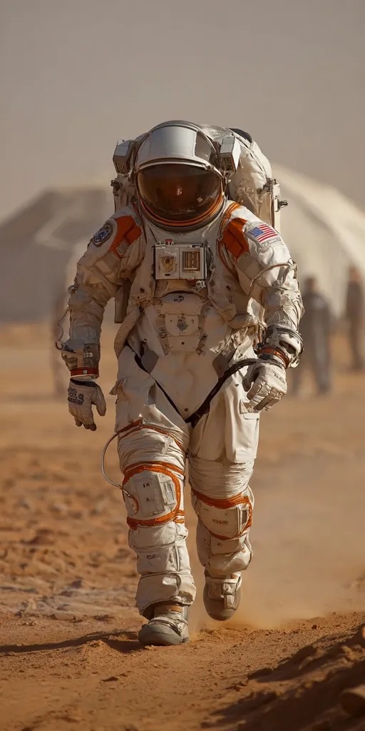A lone astronaut in a bulky, white spacesuit with orange accents walks across a reddish-brown, sandy landscape. The suit bears the American flag patch.  Dust is kicked up around the astronaut's boots as they traverse the terrain.  In the background, blurry figures and structures suggest a base camp or other human presence.  The scene evokes a sense of exploration and isolation on a distant planet.