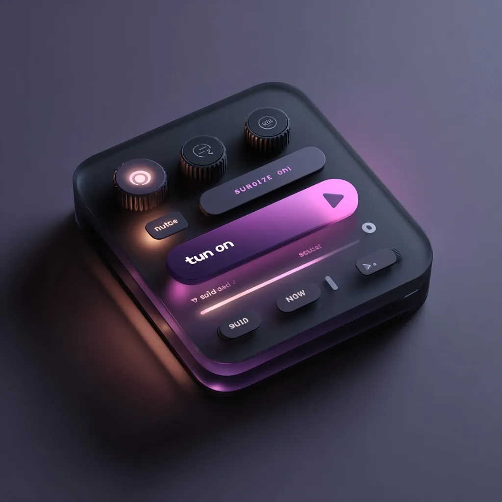 A sleek, dark-colored digital audio interface is depicted.  It features a prominent "tun on" button, a play button, and several rotary knobs with illuminated accents.  A progress bar indicates playback status, along with options like "now" and "guild".  The design emphasizes a futuristic, minimalist aesthetic with subtle glowing elements.  The overall impression is one of sophisticated technological control.