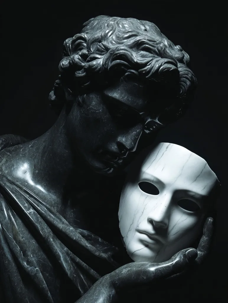 A dramatic close-up reveals a dark marble statue, possibly representing a melancholic figure, gently cradling a pristine white marble mask. The contrast between the dark stone and the bright mask is striking, evoking themes of concealment, duality, and the complexities of identity.  The statue's pose and expression hint at a hidden emotion, intensified by the stark lighting.