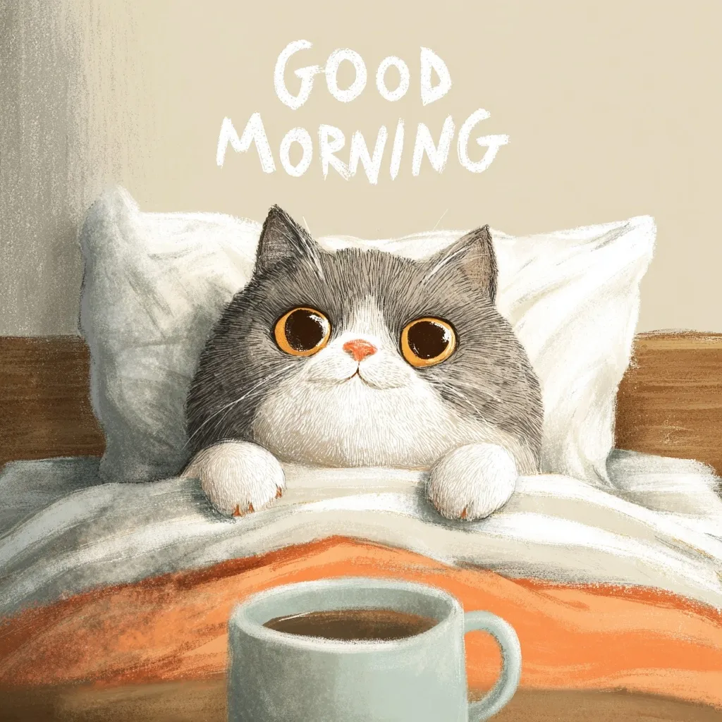 A charming illustration depicts a grey and white cat snuggled in bed, its large, expressive eyes gazing directly at the viewer.  The words "GOOD MORNING" are softly written above. A mug of coffee sits on a nearby table, completing this cozy and heartwarming scene.  The art style is soft and textured, creating a gentle and inviting mood.
