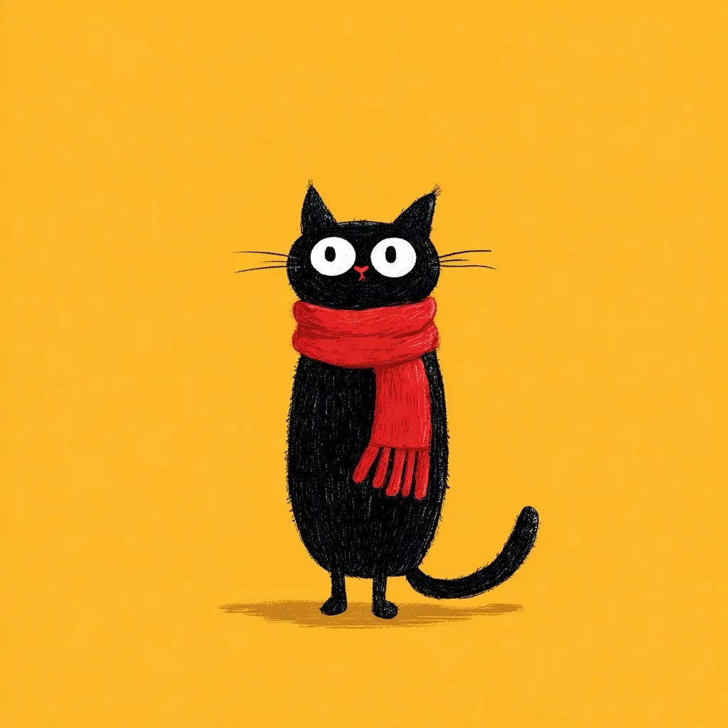 A stylized illustration of a black cat wearing a red scarf against a mustard yellow background. The cat has large, round eyes and a slightly surprised expression.  Its fur is depicted with textured brushstrokes. The simple design and bold colors create a charming and whimsical image.