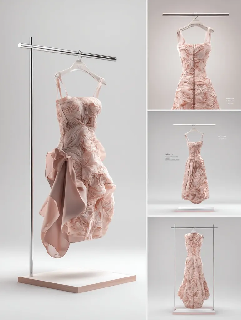 A blush-pink dress, crafted from a textured, seemingly sculpted fabric, hangs on a minimalist silver rack.  The dress features a draped bodice and a flowing skirt, showcasing a unique three-dimensional design.  Multiple views highlight the garment's form and texture against a simple white background, creating a clean and modern aesthetic. The presentation suggests high-fashion or an art installation showcasing innovative textile design.