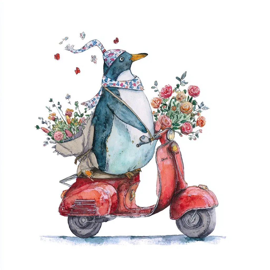 A charming watercolor illustration depicts a penguin, wearing a knitted hat and scarf, riding a red Vespa scooter.  The penguin carries a burlap bag filled with wildflowers and a bouquet of roses is perched on the scooter's handlebars.  Small butterflies flutter around the penguin, adding to the whimsical, springtime scene.  The overall style is lighthearted and evocative of a cheerful journey.