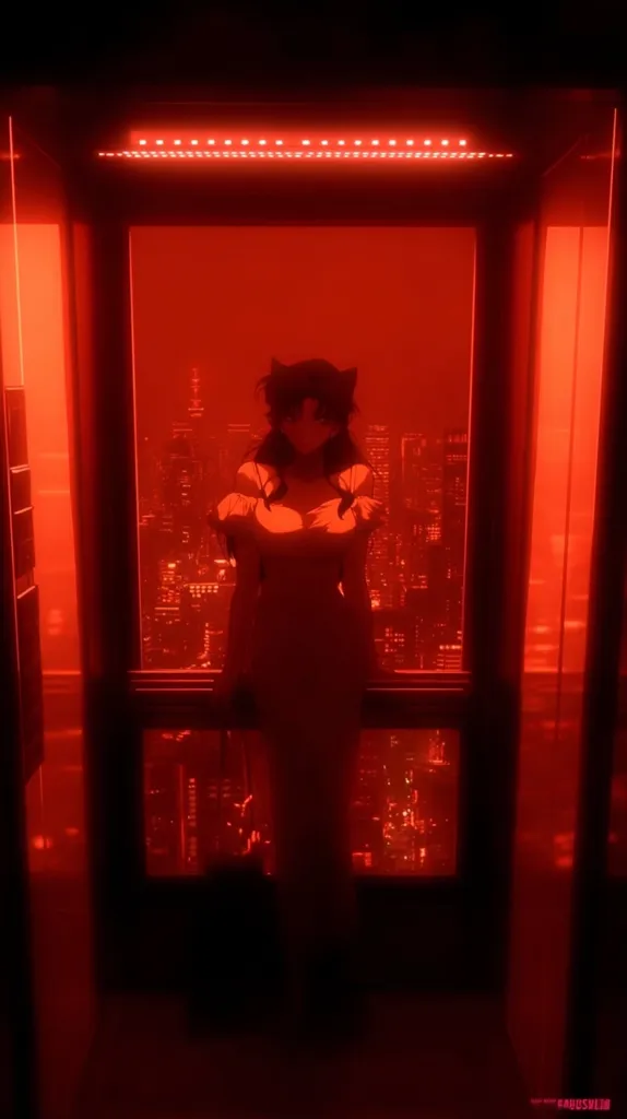 A female anime character with cat ears stands in a glass elevator.  The elevator is bathed in red light, illuminating the city skyline visible through the large window behind her.  She wears a red dress and her expression is obscured by shadows.  The overall aesthetic is dark, moody, and evocative of cyberpunk themes.