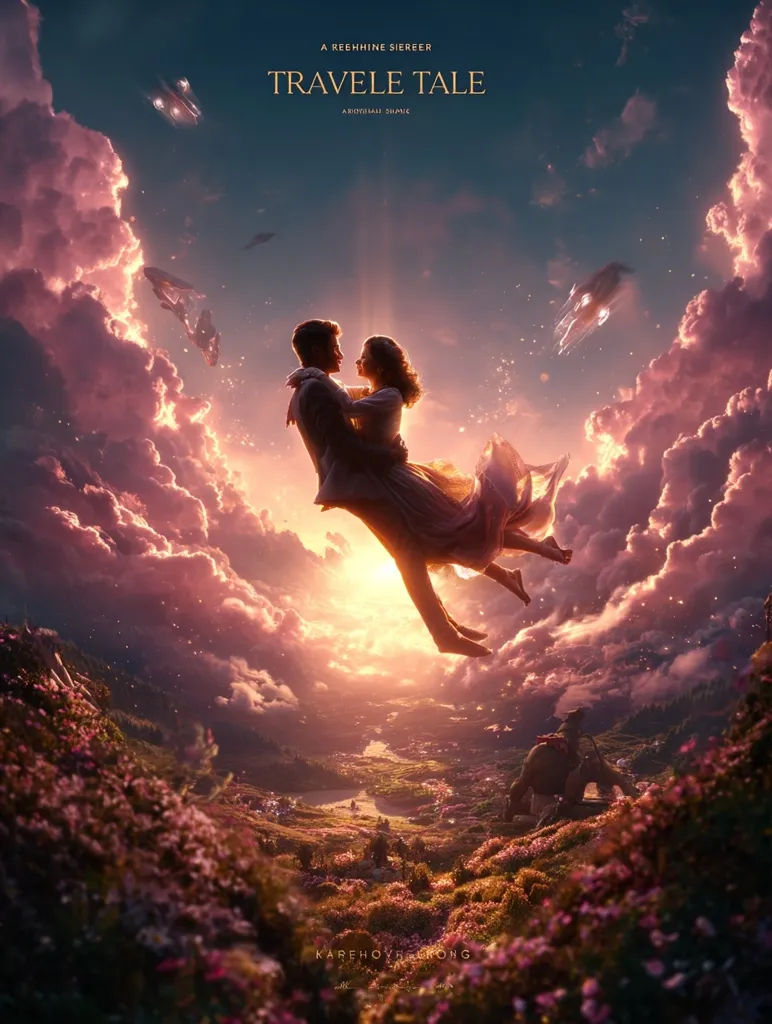 A movie poster for "Travele Tale," a Reehhine Siereer film.  A couple embraces and floats amidst vibrant pink clouds, descending towards a picturesque landscape below.  The scene is ethereal and dreamlike, suggesting a fantasy or romance.  Small, unidentified objects appear in the sky, adding to the mystical atmosphere. The poster evokes feelings of wonder and adventure.