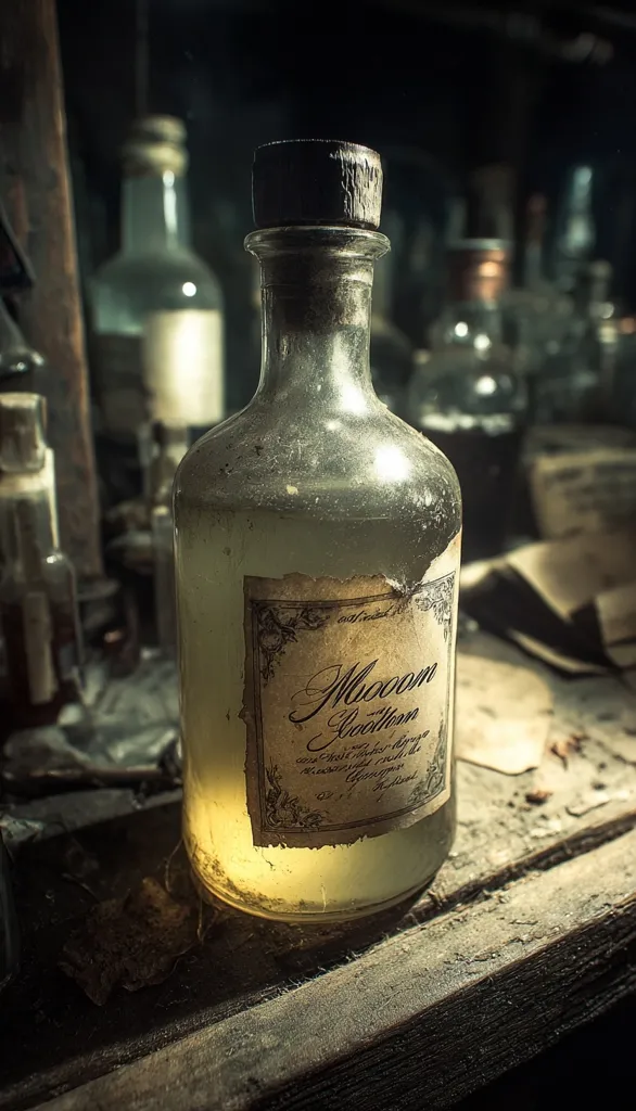 A dusty, aged glass bottle with a dark cork top sits on a weathered wooden surface.  The bottle contains a yellowish liquid and bears a faded label with illegible cursive script, suggesting an antique potion or liquor.  Other blurry bottles and containers are visible in the background, creating a dimly lit, antique apothecary or laboratory atmosphere. The scene evokes a sense of age and mystery.