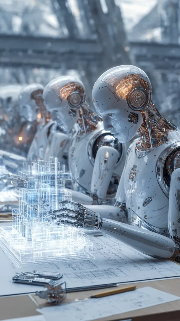 A line of advanced humanoid robots sits at a table, meticulously examining a holographic architectural model.  Their metallic bodies gleam under artificial light, highlighting intricate mechanical details.  The robots appear to be collaboratively reviewing blueprints, suggesting a future where automation plays a significant role in design and construction.  The scene is set in a futuristic, industrial environment.