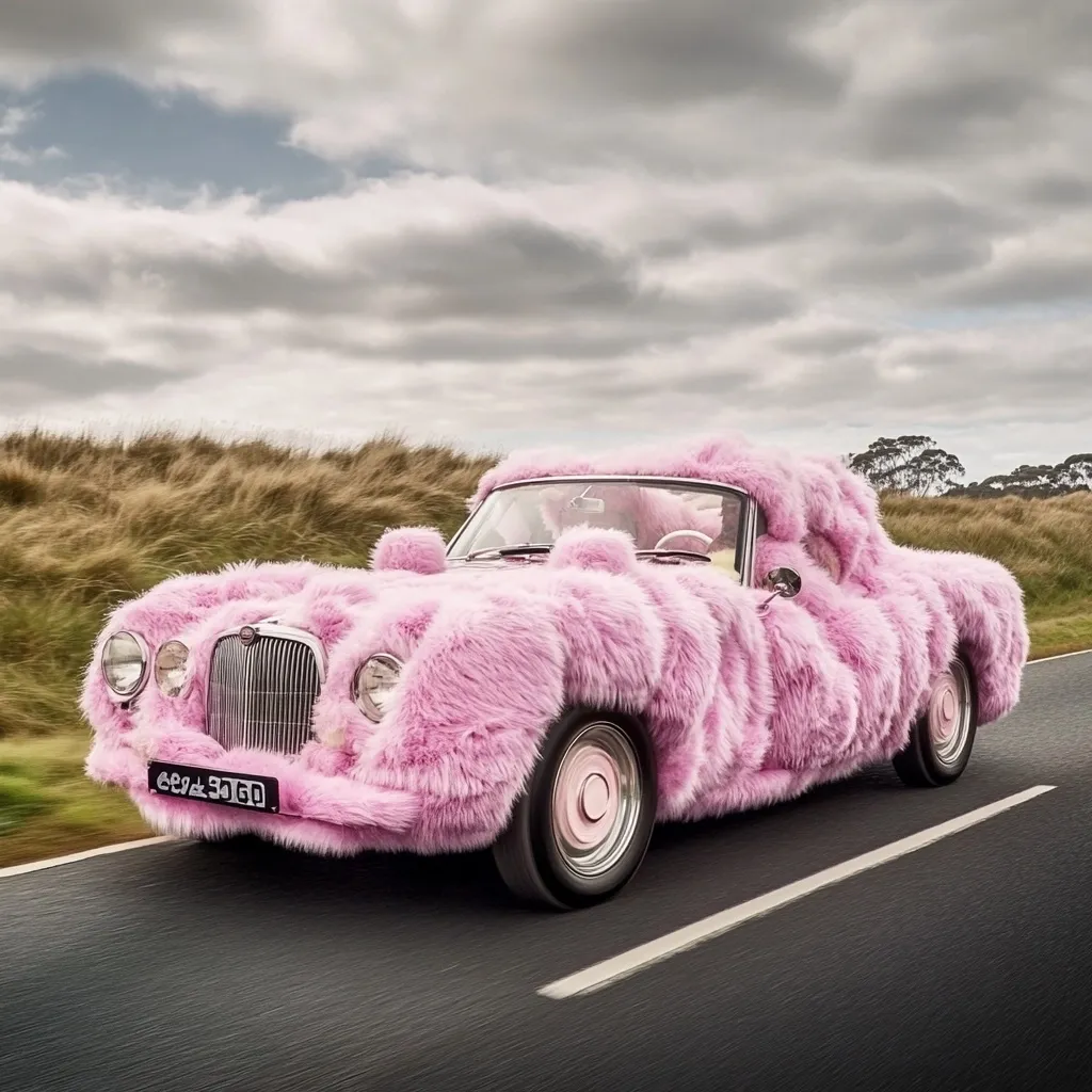 A classic car, entirely covered in long, pink fur, drives down a road.  The fluffy exterior contrasts sharply with the car's sleek lines. The sky is cloudy, and dry, grassy hills are visible in the background. The overall effect is whimsical and unexpected.  The car's license plate is visible, adding a touch of realism to the surreal scene.