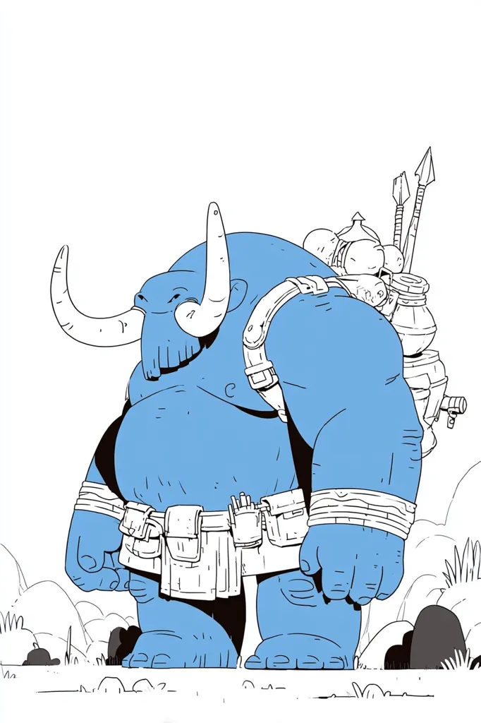 A large, blue, anthropomorphic mammoth-like creature stands in a grassy landscape.  It wears a utility belt and carries a backpack filled with various items, including spears. The creature's design is cartoonish, with thick lines and a simplified style. Its expression is neutral, and it appears strong and sturdy. The background is minimal, focusing attention on the figure.