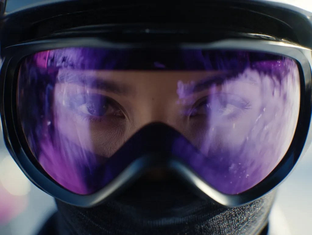 Close-up of a person's eyes seen through a ski goggle with a purple tint.  The goggle reflects a snowy or icy scene.  The individual's face is partially obscured by the goggle and a dark balaclava or face mask.  The focus is sharp on the eyes, conveying intensity and focus.