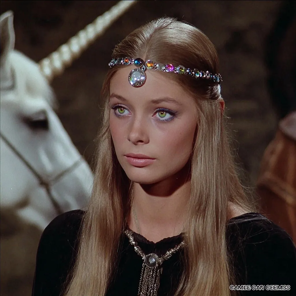 A young woman with long, light brown hair wears a jeweled headpiece and necklace.  Her makeup accentuates her green eyes. She is dressed in dark clothing and appears to be in a dimly lit setting, possibly a castle, with a white unicorn partially visible in the background.  Her expression is serene and somewhat pensive.