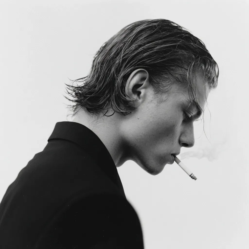 A black and white, profile close-up shot of a young man with wet, styled hair. He wears a dark collared jacket and is smoking a cigarette, his gaze directed downward.  The image conveys a mood of contemplation or melancholy, emphasized by the stark contrast and the subject's posture.  The background is a plain, light-colored surface.