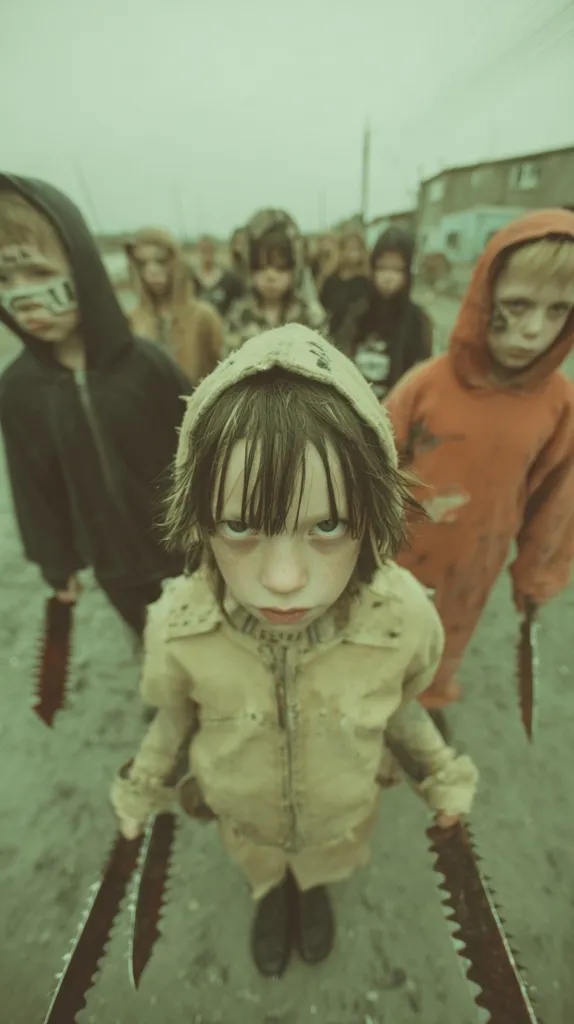 A group of children, dressed in tattered clothing and hooded jackets, stand menacingly in a desolate, urban setting.  One child, centrally positioned, glares intensely at the camera, holding a large, rusty blade.  The others, slightly blurred, also wield similar weapons. The overall atmosphere is grim and unsettling, evoking a sense of post-apocalyptic survival.