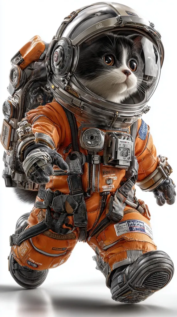 A tuxedo cat, bravely venturing into the cosmos, is depicted in a meticulously detailed digital rendering.  Clad in a worn, orange spacesuit complete with a bulky helmet and backpack, the feline astronaut strides forward with a determined expression. The image's realism and attention to detail create a captivating blend of cuteness and science fiction.