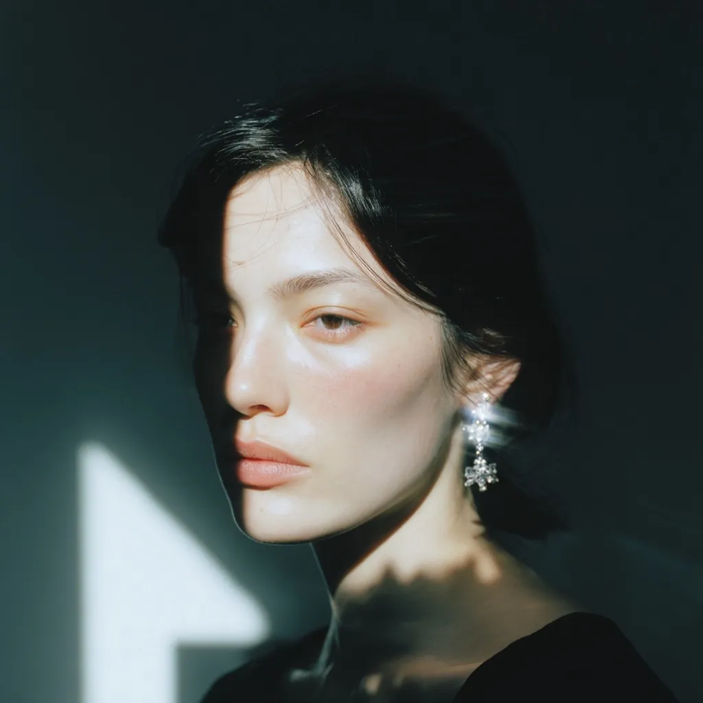 A close-up portrait of a young woman with dark hair, partially obscured by shadows.  Sunlight illuminates one side of her face, highlighting her delicate features and flawless skin. She wears elegant dangling earrings. The overall mood is serene and slightly mysterious, emphasizing natural beauty and the interplay of light and shadow.