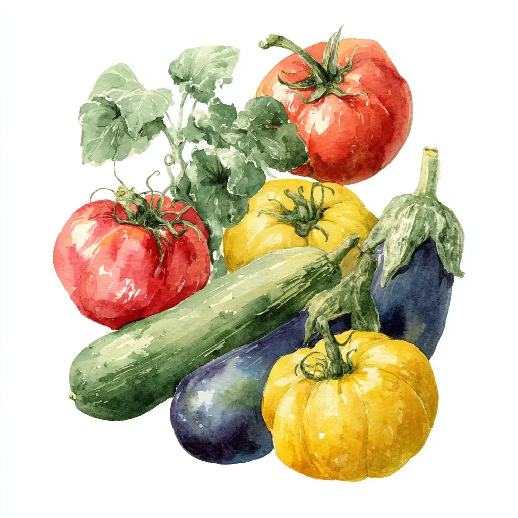A watercolor painting depicts a vibrant still life of fresh vegetables.  Two red tomatoes, a yellow tomato, a yellow pumpkin-shaped tomato, a dark purple eggplant, and a green zucchini are artfully arranged.  A sprig of green foliage adds to the composition, creating a colorful and appetizing image. The style is realistic, emphasizing the textures and colors of the produce.