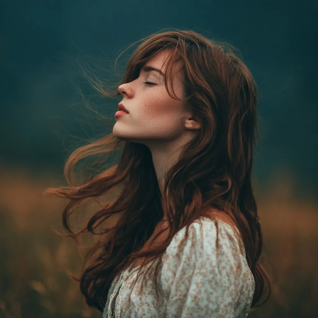 A young woman with long, auburn hair stands in a field, eyes closed, head tilted back.  Her hair flows freely in the wind.  She wears a light-colored, floral-patterned dress. The background is blurred, suggesting a tranquil, outdoor setting with muted greens and blues.  The overall mood is serene and peaceful.