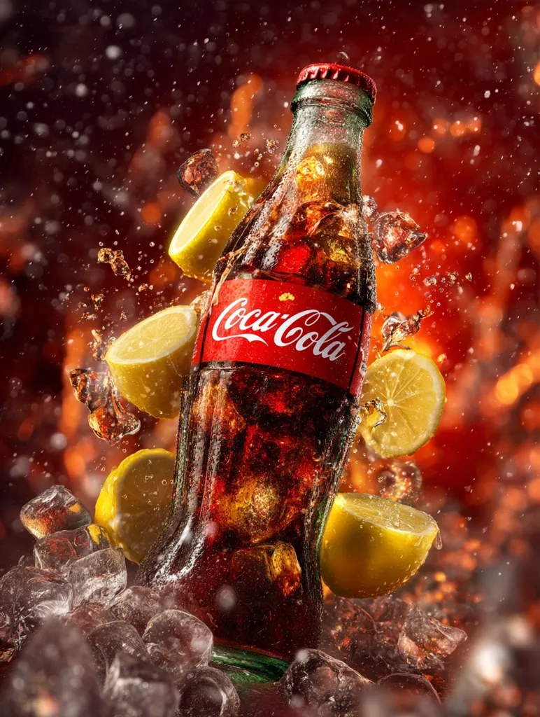 A Coca-Cola bottle, filled with ice and surrounded by splashing liquid, is the focus of a vibrant image.  Slices of lemon float around the bottle, adding a citrus element to the scene. The background is a fiery, blurred spectacle of warm oranges and reds, creating a dynamic and energetic composition.  Ice cubes are scattered at the base, enhancing the refreshing visual.