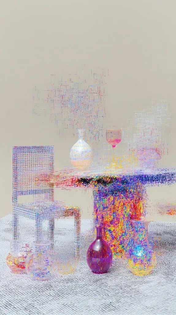 A stylized still life featuring a low, round table with a textured surface.  On the table are several colorful glass vases and a wine glass, their forms slightly blurred. A woven chair sits next to the table. The background is a muted beige, with the objects appearing to have a glitching, digital overlay effect, creating a surreal atmosphere. The overall aesthetic is modern and abstract.