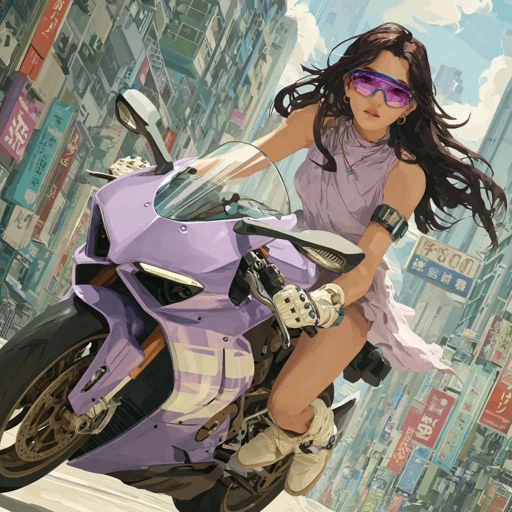 A stylish woman with long brown hair and purple sunglasses rides a lavender sports bike through a bustling Asian city.  The vibrant cityscape, filled with colorful signs in a foreign language, contrasts with the cool tones of her motorcycle and attire.  She's dressed in a light purple sleeveless dress and cream-colored boots, exuding a confident and carefree attitude. The scene is dynamic, suggesting speed and movement.