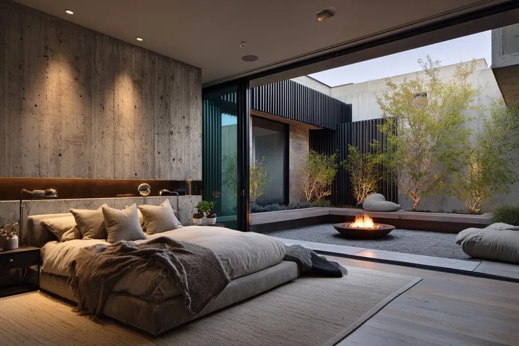 A luxurious bedroom features a king-size bed with neutral linens and a throw blanket, set against a textured concrete wall. Sliding glass doors open to a serene private courtyard, complete with gravel flooring, a fire pit, and lush greenery. The modern design emphasizes natural elements and a calming atmosphere.  Warm lighting enhances the sophisticated ambiance of the space.