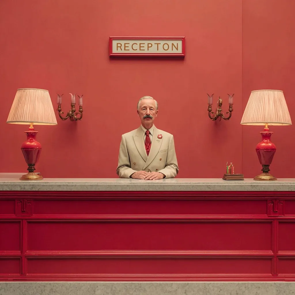 A stern-faced, elderly hotel receptionist in a beige suit and red poppy sits behind a red reception desk.  Matching red lamps flank the desk, illuminated against a vibrant red wall.  The word "RECEPTION" is displayed above him in a simple sign. The scene is highly stylized and symmetrical.