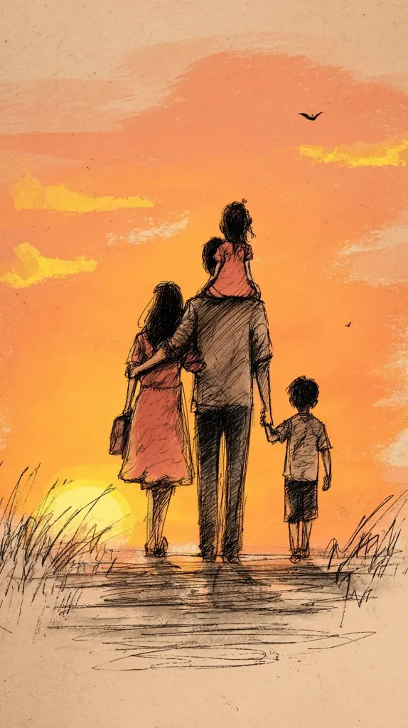 A sketch depicts a family of four silhouetted against a warm sunset. The father carries a daughter on his shoulders, while the mother holds the hand of their son. They walk away from the viewer, toward the setting sun, creating a peaceful and heartwarming scene of family unity and togetherness. The style is reminiscent of a nostalgic memory or a tender illustration.