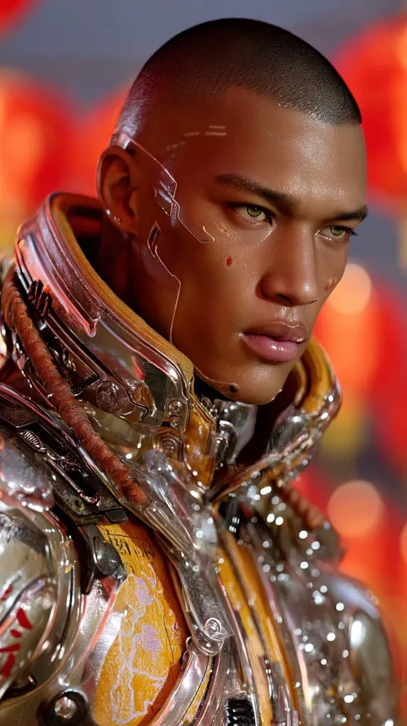 Close-up of a futuristic cyborg, possibly a character from a video game or film.  The individual has short hair, a bronze complexion, and striking green eyes.  They wear a highly detailed, metallic suit with gold and silver accents, showing intricate design and potentially augmented features.  The background is blurred, showcasing warm red and orange hues.  The image has a strong cyberpunk aesthetic.