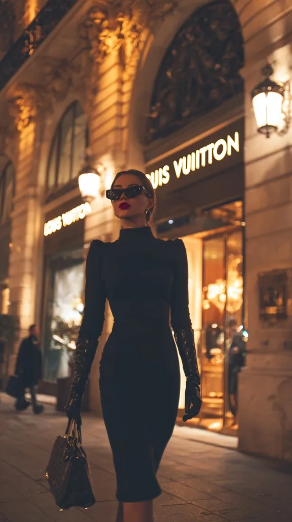 A stylish woman in a black turtleneck dress and long gloves walks past a Louis Vuitton store at night.  The Parisian street is illuminated by warm lamplight, creating a glamorous atmosphere. She carries a black handbag, and her dark sunglasses add to her sophisticated look. The scene exudes elegance and a sense of confident, urban chic.