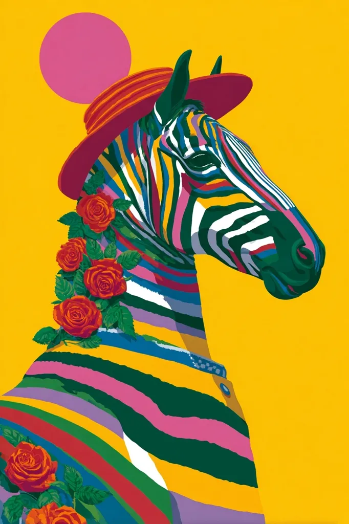 A vibrant, stylized zebra is depicted against a bold yellow background.  Its stripes are rendered in a rainbow of colors, deviating from a natural zebra's pattern.  The zebra wears a wide-brimmed red hat and is adorned with a cascade of red roses along its neck. A large pink circle is subtly positioned in the upper left corner, enhancing the overall playful and artistic composition.