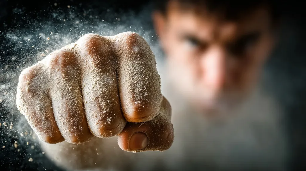 A close-up shot focuses on a clenched fist, heavily coated in a fine, light-colored dust.  The dust billows around the fist as it's propelled forward, creating a dynamic, almost explosive effect.  The background is blurred, revealing a man's intense face, suggesting power and action. The image evokes themes of strength, confrontation, and determination.