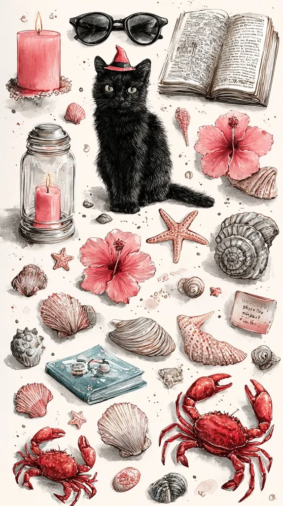 A whimsical watercolor painting features a black cat wearing a witch's hat, surrounded by seashells, starfish, hibiscus flowers, candles, and books.  Two red crabs add a vibrant contrast to the beachy scene.  Sunglasses and a vintage jar with a candle complete the eclectic collection of objects, suggesting a magical beachside setting. The overall style is charming and slightly surreal.