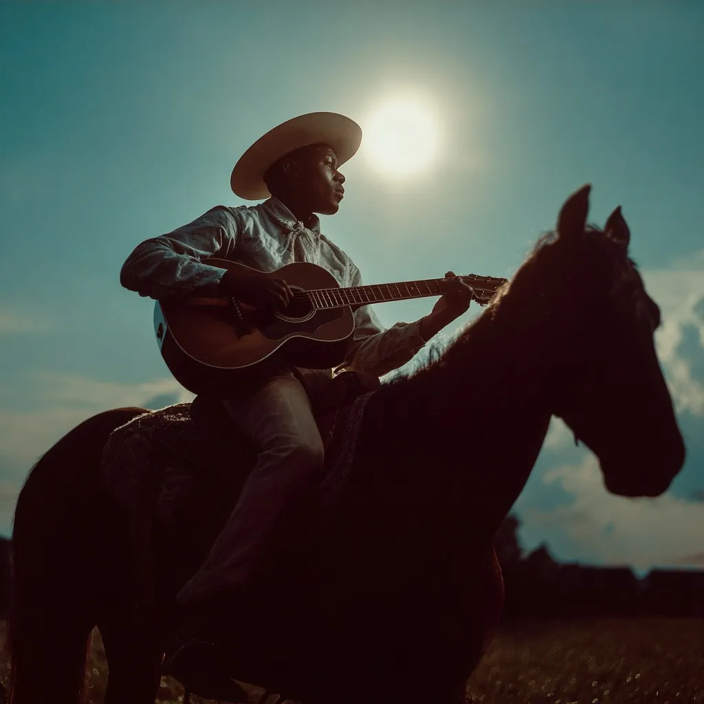 A silhouetted Black cowboy sits astride a horse, playing an acoustic guitar.  The sun shines brightly behind him, creating a dramatic backlight. He wears a light-colored shirt and a cowboy hat. The scene is set against a tranquil evening sky, with a grassy field visible in the background. The image evokes a sense of peace and solitude.