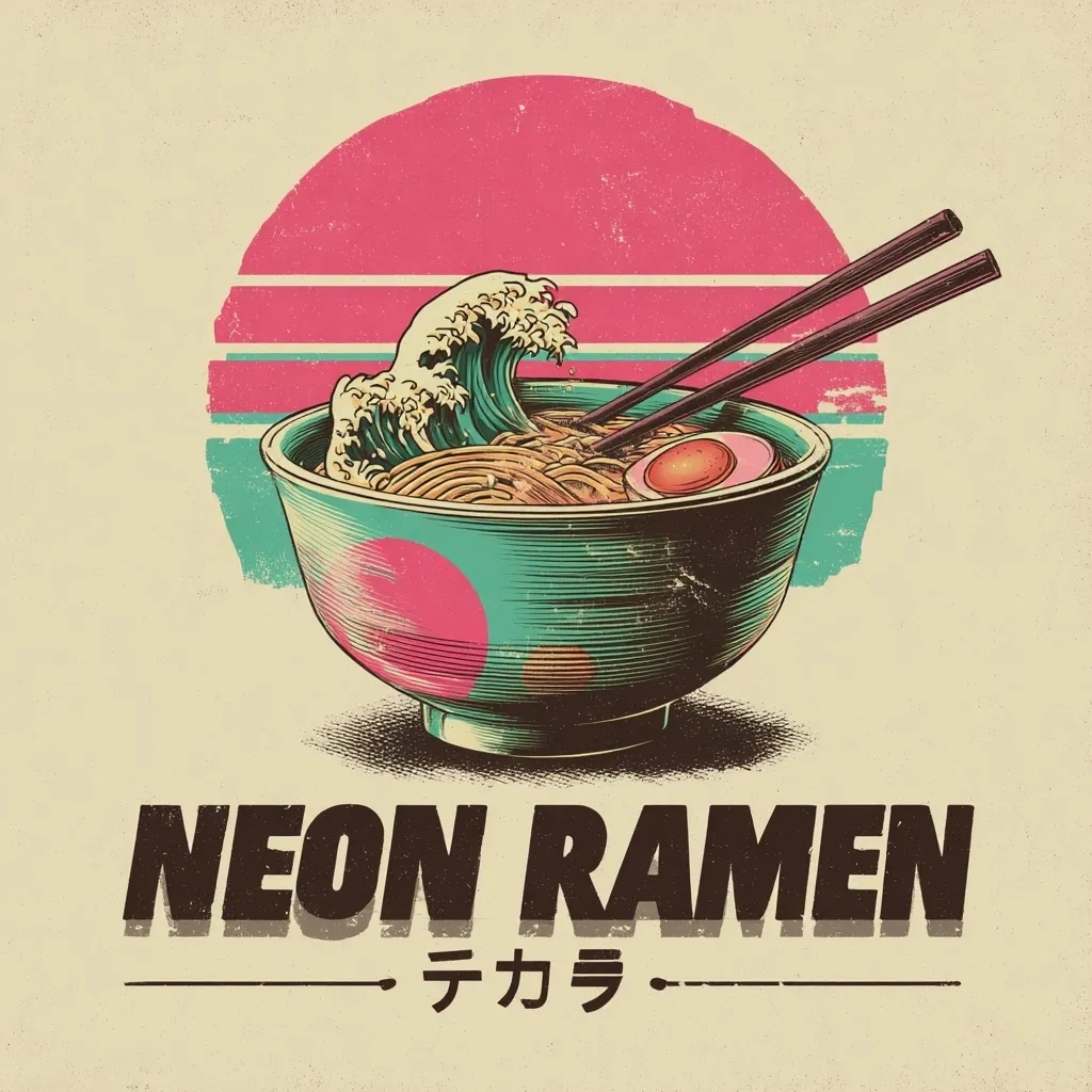 A retro-styled illustration features a bowl of ramen noodles.  A stylized wave crests over the noodles, reminiscent of Japanese woodblock prints.  The bowl is teal with pink accents, set against a pink and beige sunset backdrop. Chopsticks rest atop the bowl. The text "NEON RAMEN" and Japanese characters are displayed below. The overall aesthetic is vibrant and nostalgic.